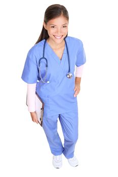 Nurse standing isolated on white in full body. Young asian woman medical professional - doctor or nurse.