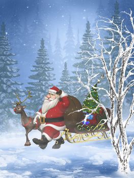 Santa Claus and Rudolph go through the forest