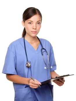 Serious nurse / young female medical doctor isolated on white background. Multiracial Asian Caucausian woman health care professional looking at camera standing with clipboard
