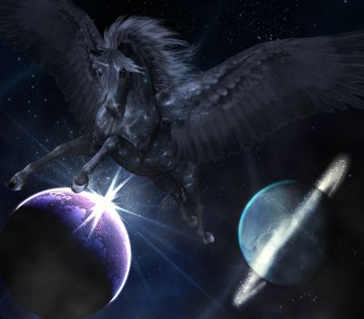 a black Pegasus flies through the space