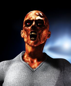 Close up view of a screaming rotten zombie.