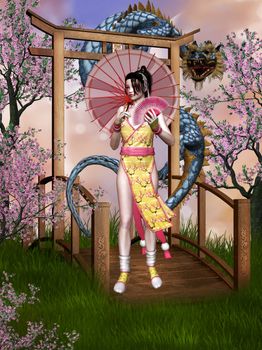 a geisha walking through the Japanese garden