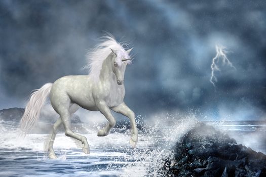 a white Unicorn wading in the water