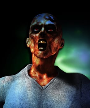 Close up view of a screaming rotten zombie.