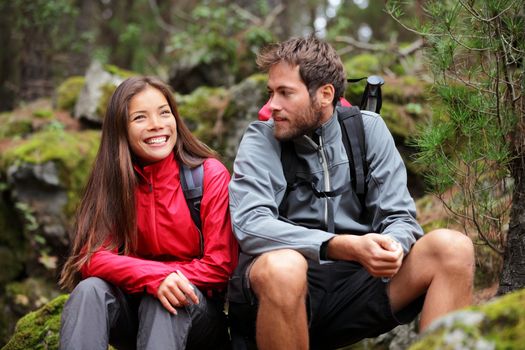 Hiking couple. Young people hikers having fun outdoors in forest. From La Caldera, Aguamansa, La Orotava, Tenerife, The Canary Islands, Spain.