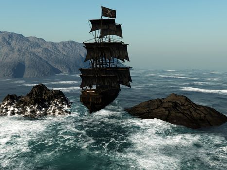 a pirate ship sails through the coastal