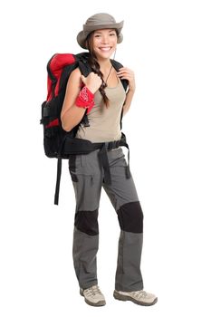 Hiker woman isolated on white background standing in full length. Beautiful Mixed race Asian / Caucasian female in outdoors hiking outfit.