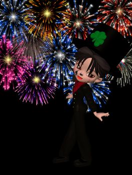 a chimney sweep in front of a fireworks