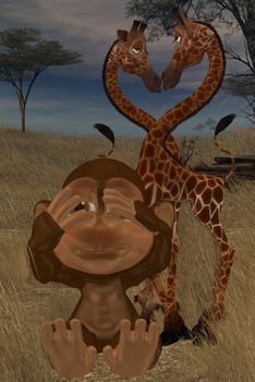 the little monkey hide from the amorous giraffes