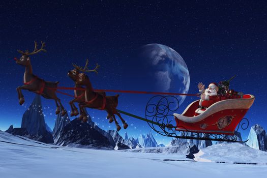 Santa Claus is flying in his sleigh and his reindeer