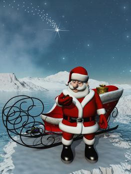 Santa Claus walking with his bag over the ice
