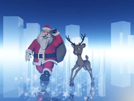 Santa Claus walking with his bag over the ice