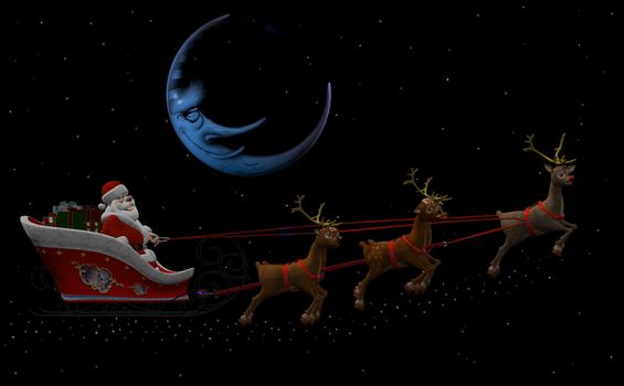 Santa Claus is flying in his sleigh and his reindeer