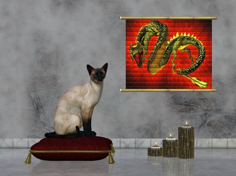 a Siamese cat sitting on the pillow