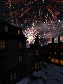 a beautiful fireworks in a medieval city