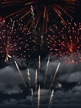 a colorful fireworks in a slightly cloudy night