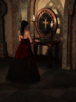 a beautiful woman praying in a church