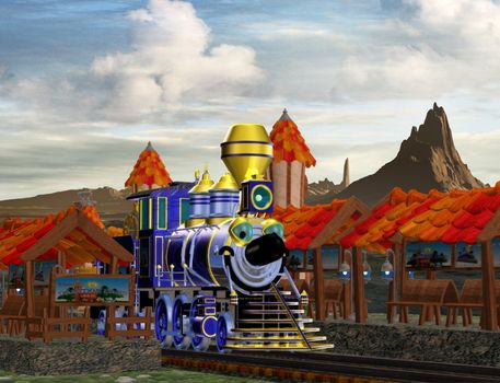 a cartoon locomotive pulls into the train station