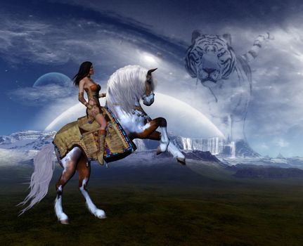 Native Girl riding her stallion to freedom
