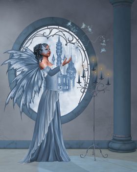 the blue fairy plays with her butterflies