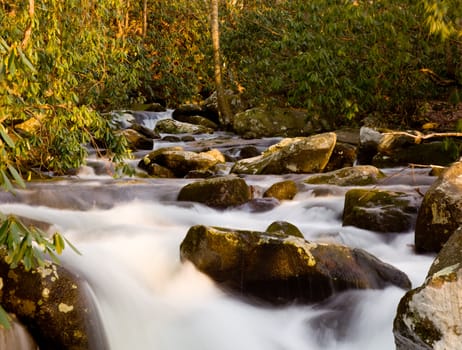 River floods down the hillside in the Smoky Mountains in spring as the setting sun lights the valley