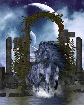 a blue Unicorn wading in the water