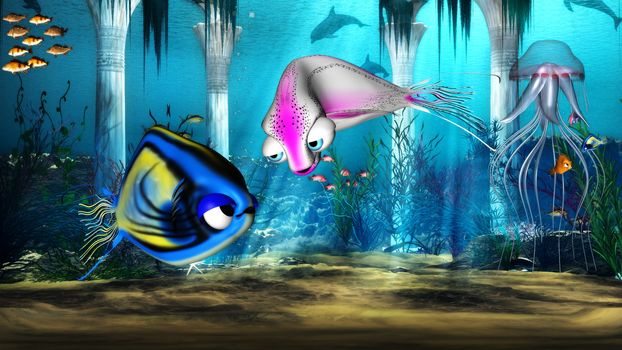 Cartoon fish love to flirt in the ocean