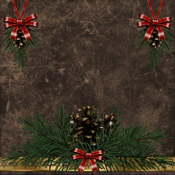 a christmas background with pine cones and ribbons