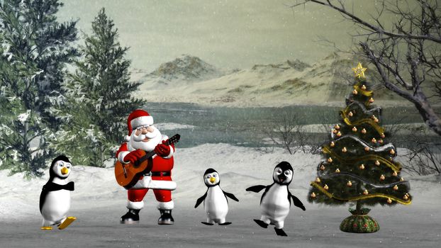 Santa Claus plays for the penguins, a Christmas song