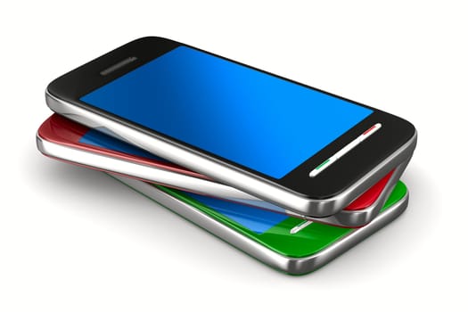 Three phone on white background. Isolated 3D image