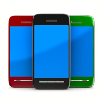 Three phone on white background. Isolated 3D image