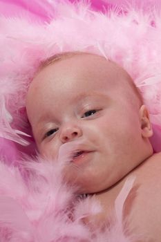 three month old baby laying on pink blanket with pink boa