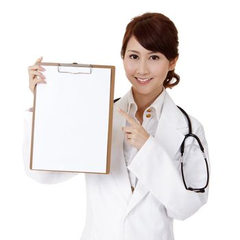 Japaneses doctor holding white blank board with smiling expression, closeup portrait on white background.
