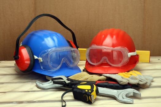 Two worker's helmets close up. Safety concept 