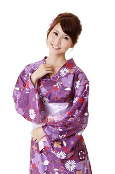 Happy smiling Japanese beauty in traditional clothes, closeup portrait on white background.