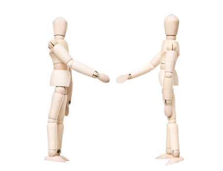 Drawing dolls make a handshake isolated on white background