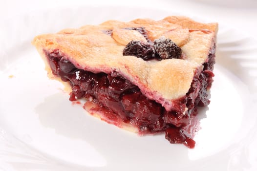 closeup of a slice of cherry pie on a plate