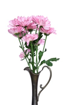 Bunch of pink flowers inside ancient metal vase. Isolated on white with clipping path