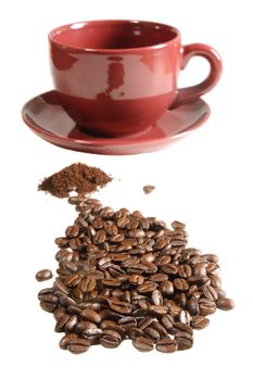 empty coffe cup with ground coffee and coffee beans - so coffee in the making