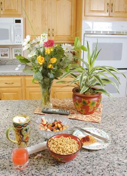 healthy breakfast of fruit, coffe, toast, jam, and oat cereal with grapefruit juice