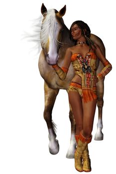 beautiful Indian woman with her horse - isolated on white