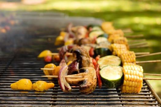 vegetables cooking on a barbeque grill in the summer