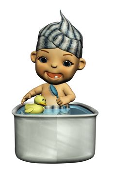a little baby in a bath with a plastic duck - isolated on white