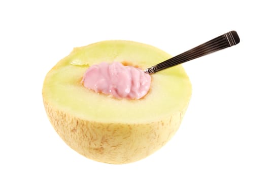 A cantelope melon filled with strawberry yogurt isolated on white