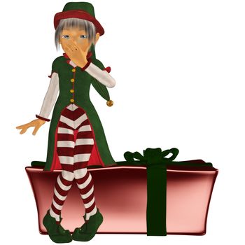 a Christmas elf sitting on a gift - isolated on white