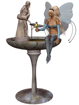 a fairy sitting on the fountain - isolated on white