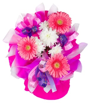 close-up bouquet with gerbera and chrysanthemum, isolated on white