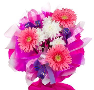 close-up bouquet with gerbera and chrysanthemum, isolated on white