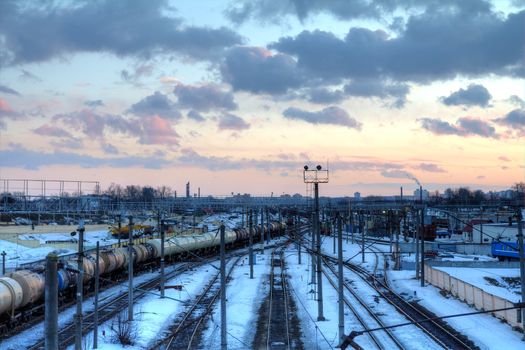 city railway landscape at sunset