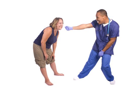 Doctor and patient having fun with a throat stick isolated over white